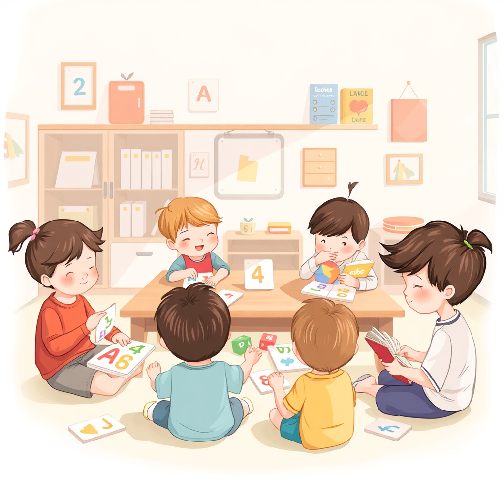 Children playing educational games with puzzle cards, letters, and shapes